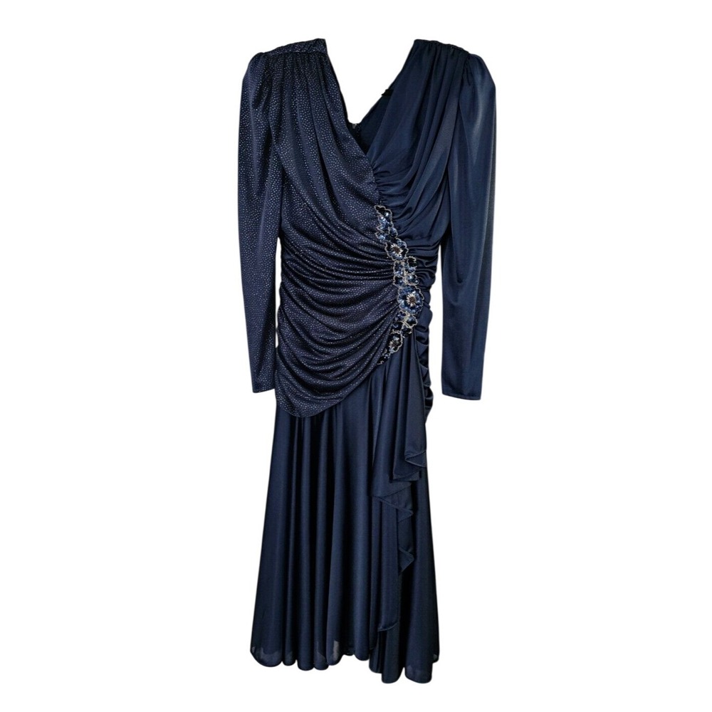 Filigree Ltd Collection Vintage 80s Navy Blue Ruched Rhinestone‎ Dress Small
